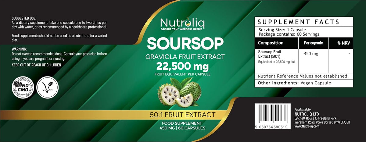 Nutroliq Soursop Graviola 22,500mg Equivalent - 50:1 Extract - 60 Vegan Capsules – product image 3