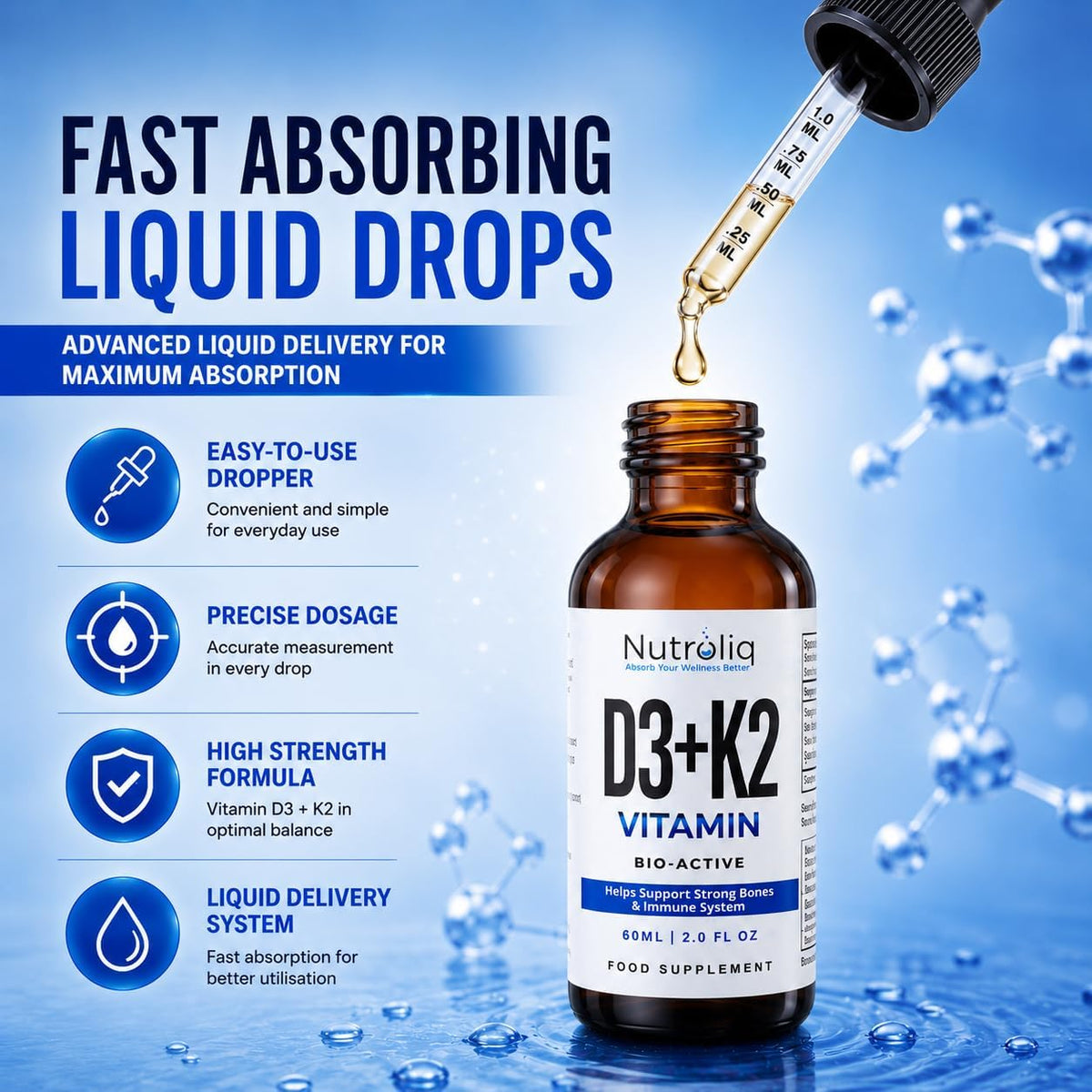 Nutroliq Vitamin D3 + K2 Liquid Drops 60ml – product image 3