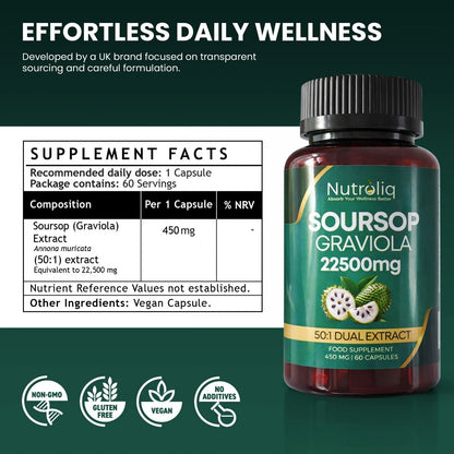 Nutroliq Soursop Graviola 22,500mg Equivalent - 50:1 Extract - 60 Vegan Capsules