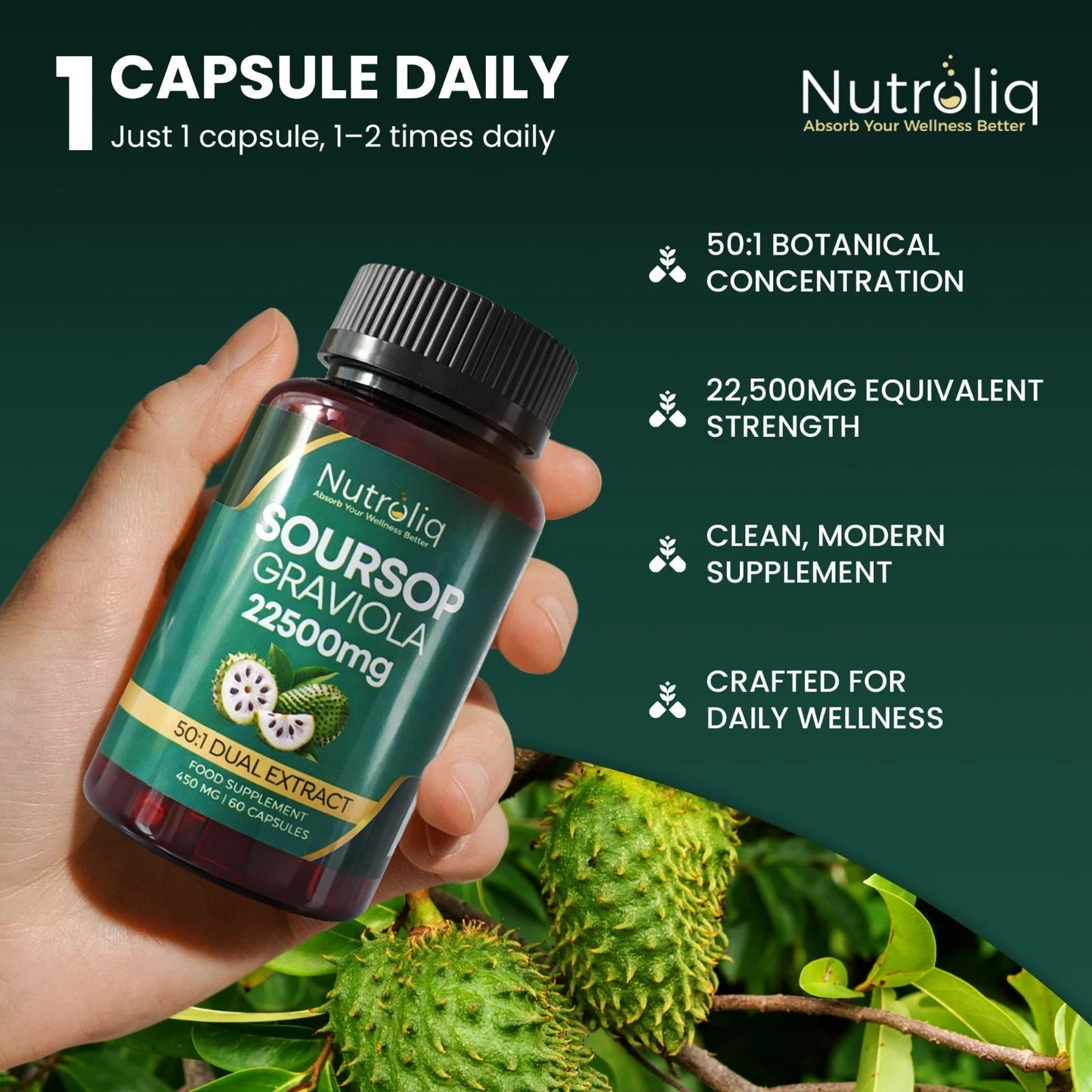 Nutroliq Soursop Graviola 22,500mg Equivalent - 50:1 Extract - 60 Vegan Capsules