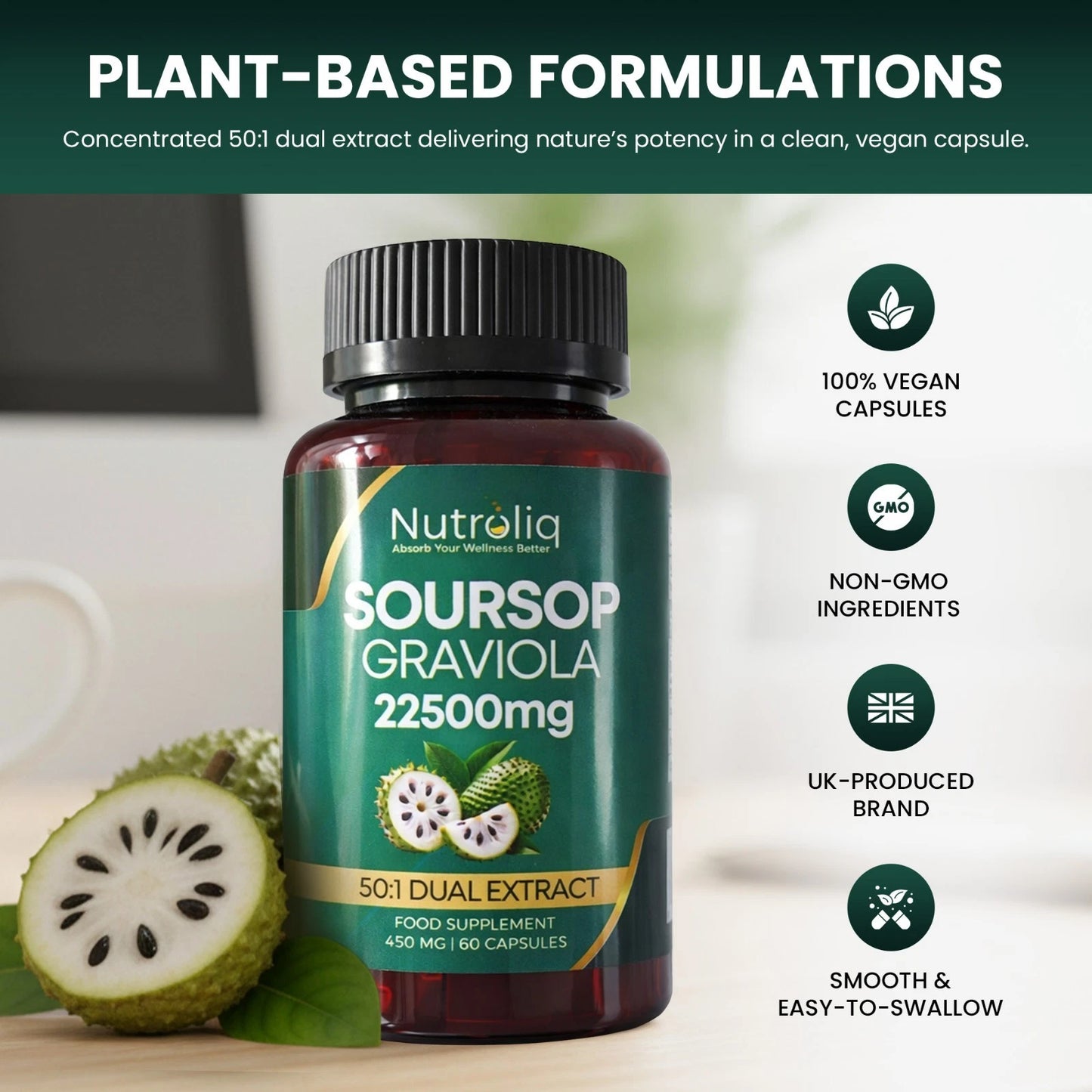 Nutroliq Soursop Graviola 22,500mg Equivalent - 50:1 Extract - 60 Vegan Capsules